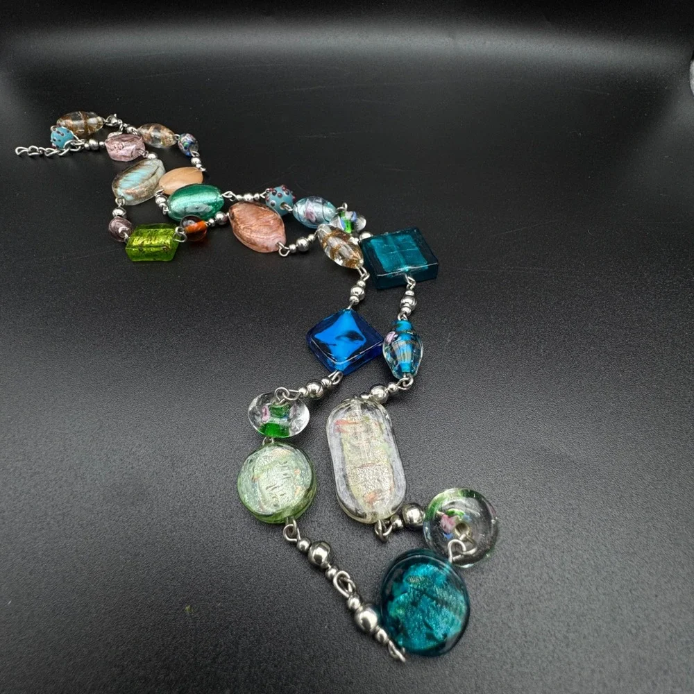 Lampwork Art Glass Bead Necklace Silver Tone Statement Premier Designs‎ 34in 79g
